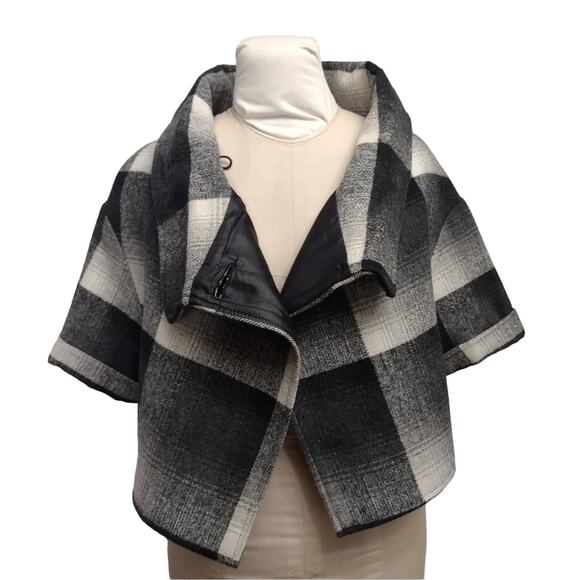 PIKO 1988 Gray Plaid Cape Style Jacket with Stand Up Collar Large Button Size S - Picture 7 of 9